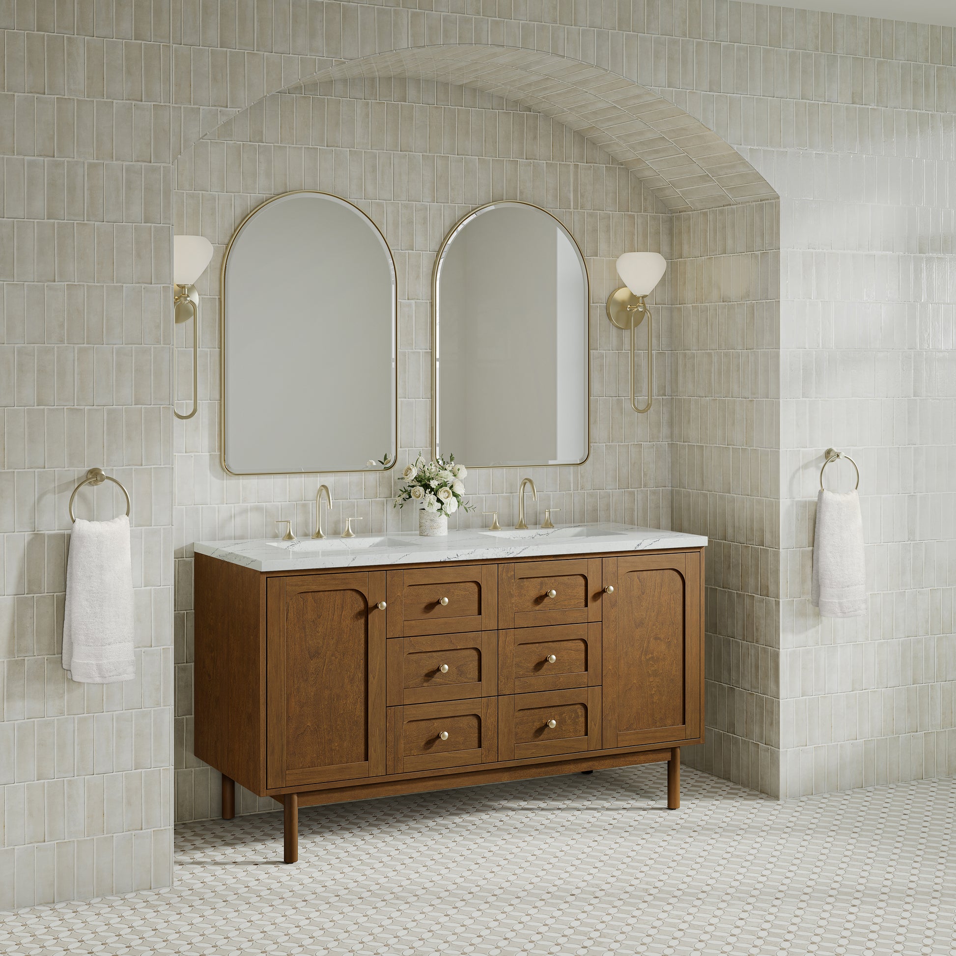 Renovate for Less Atlanta Laurent 60" Double Vanity, Honey Oak w/ 3 CM Ethereal Noctis Silestone Top w/FreePower Wireless Charger