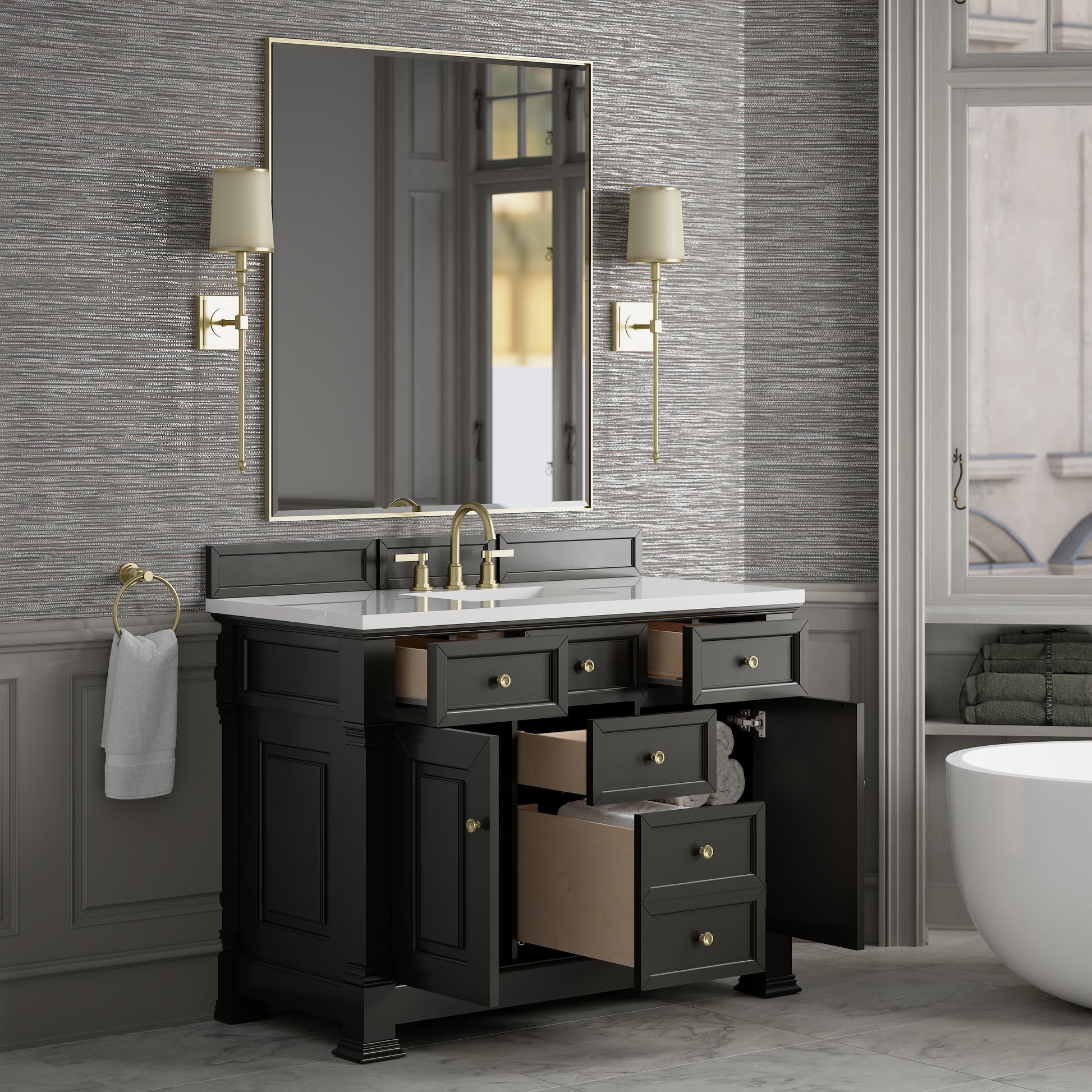Renovate for Less Atlanta Brookfield 48" Single Vanity, Black Onyx,  w/ 3 CM White Zeus Silestone Top