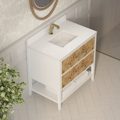Renovate for Less Atlanta Olena 36" Single Vanity, Light Mappa Burl and Polished White w/ Single Hole 3 CM White Zeus Silestone Top & Backsplash