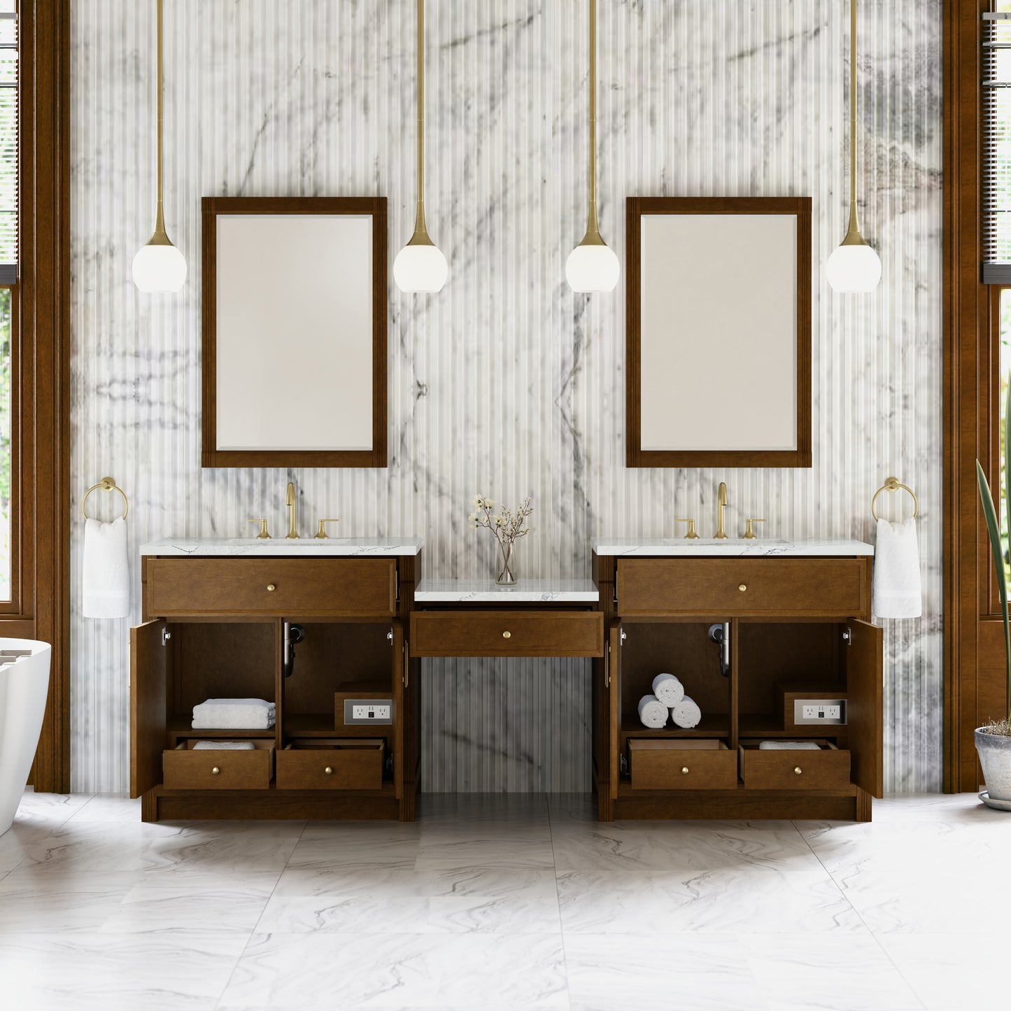 Renovate for Less Atlanta Bellshire 96" Dual Vanity Set with 24" Make-Up Counter, Honey Oak w/3 cm Ethereal Noctis Silestone Top
