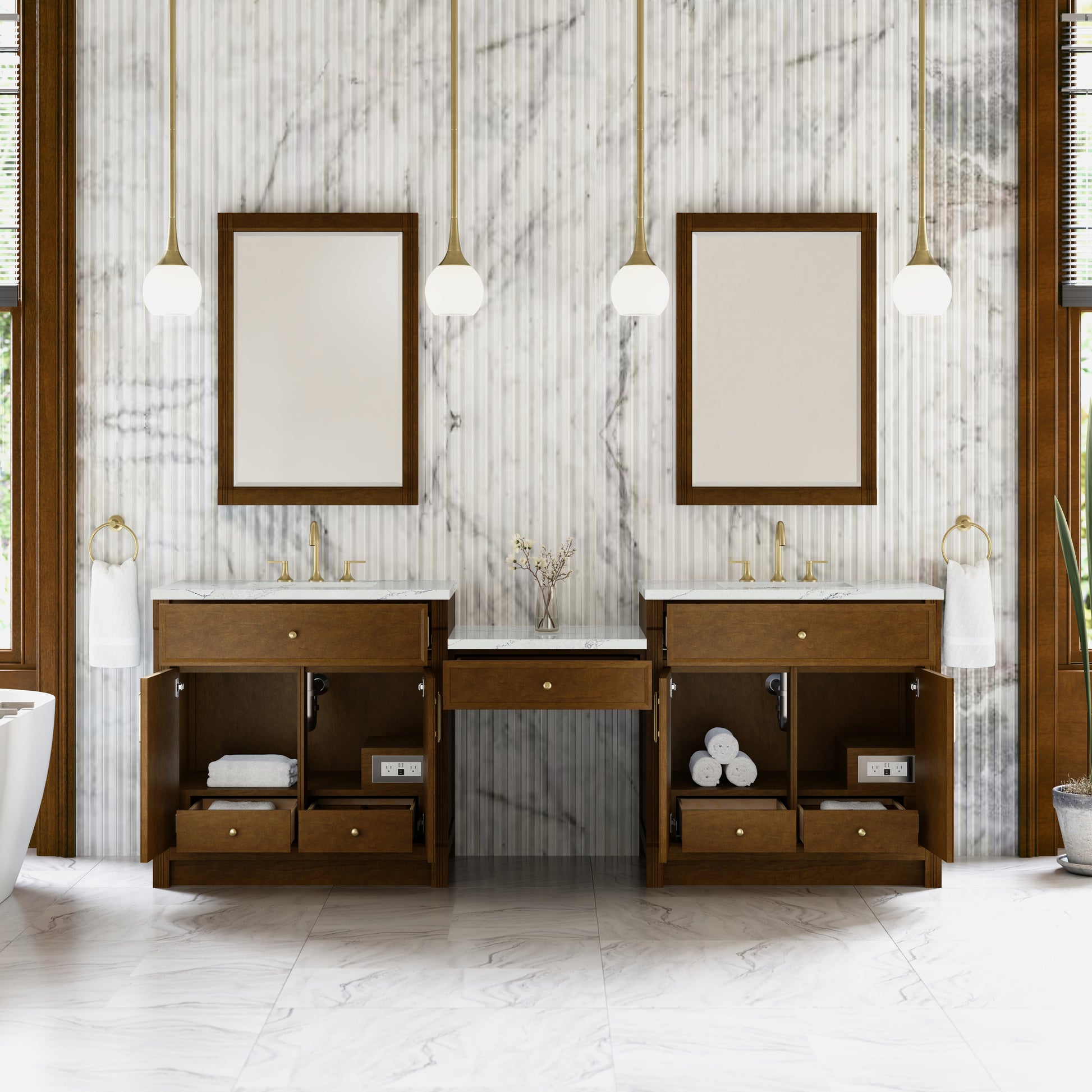 Renovate for Less Atlanta Bellshire 96" Dual Vanity Set with 24" Make-Up Counter, Honey Oak w/3 cm Ethereal Noctis Silestone Top