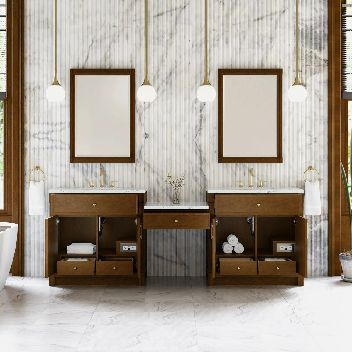 Bellshire 96" Dual Vanity Set with 24" Make-Up Counter, Honey Oak w/3 cm Ethereal Noctis Silestone Top