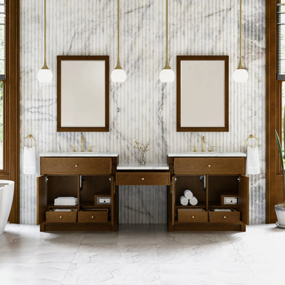 Bellshire 96" Dual Vanity Set with 24" Make-Up Counter, Honey Oak w/3 cm Ethereal Noctis Silestone Top