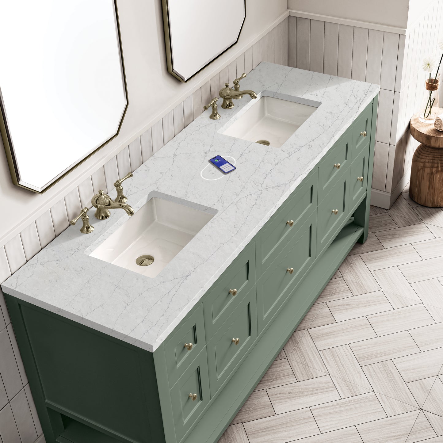 Renovate for Less Atlanta Breckenridge 72" Double Vanity, Smokey Celadon w/ 3 CM Eternal Jasmine Pearl Top w/FreePower Wireless Charger
