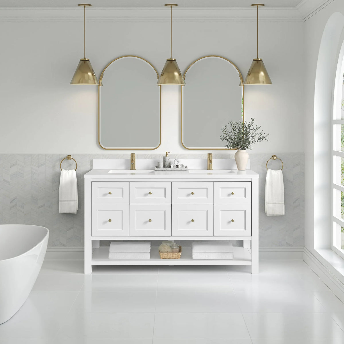 Breckenridge 60" Double Vanity, Bright White, w/ Single Hole 3 CM White Zeus Quartz Top & Backsplash