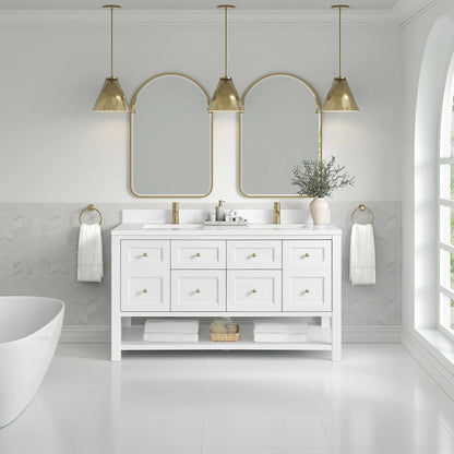Breckenridge 60" Double Vanity, Bright White, w/ Single Hole 3 CM White Zeus Quartz Top & Backsplash