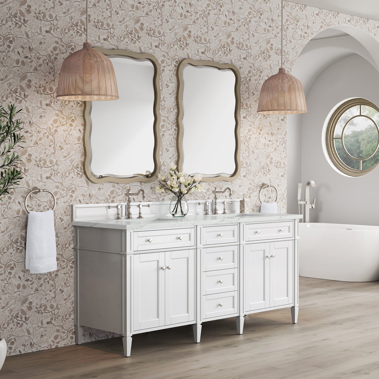 Renovate for Less Atlanta Brittany 72" Double Vanity, Bright White Vanity w/ 3 CM Ethereal Noctis Silestone Top