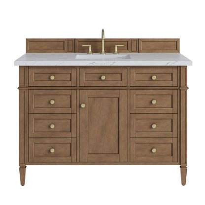 Renovate for Less Atlanta Brittany 48" Single Vanity, Pecan w/ 3 CM Ethereal Noctis Silestone Top w/FreePower Wireless Charger