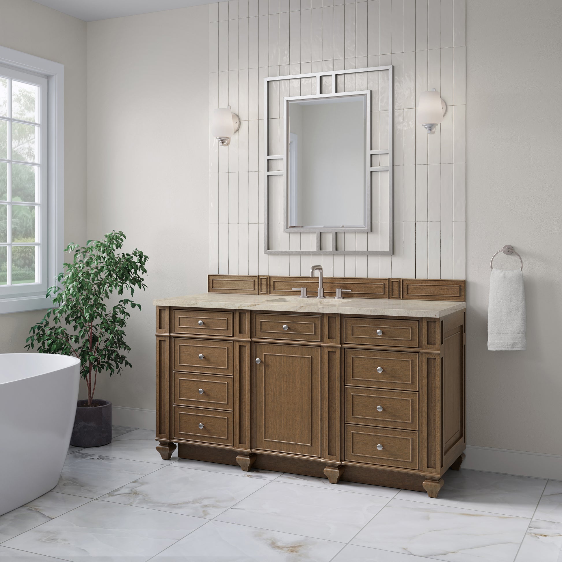 Renovate for Less Atlanta Bristol 60" Single Vanity, Saddle Brown, w/ 3 CM Tajnar Eclos Top