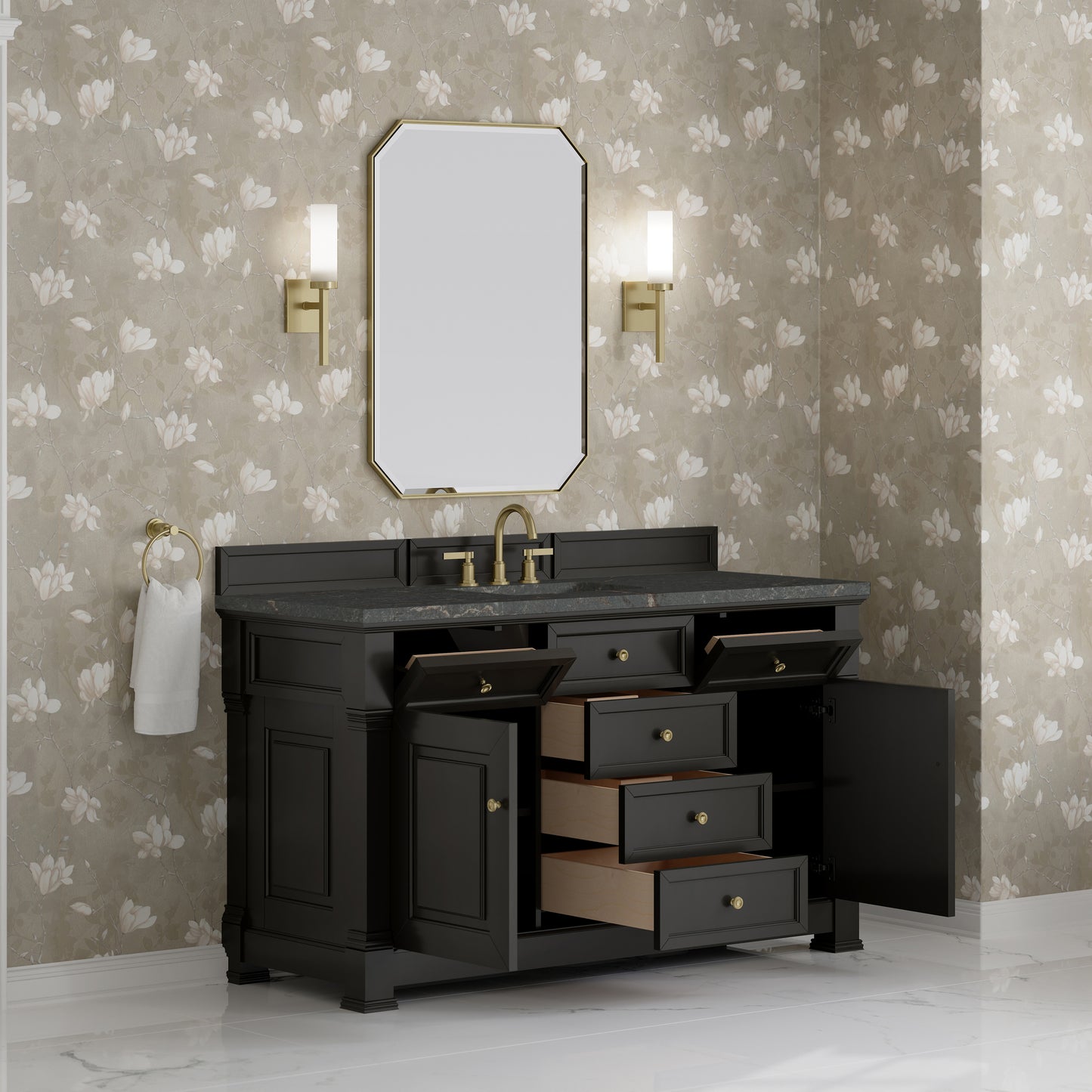 Renovate for Less Atlanta Brookfield 60" Single Vanity, Black Onyx w/ 3 CM Parisien Bleu Silestone Top w/ FreePower Wireless Charger
