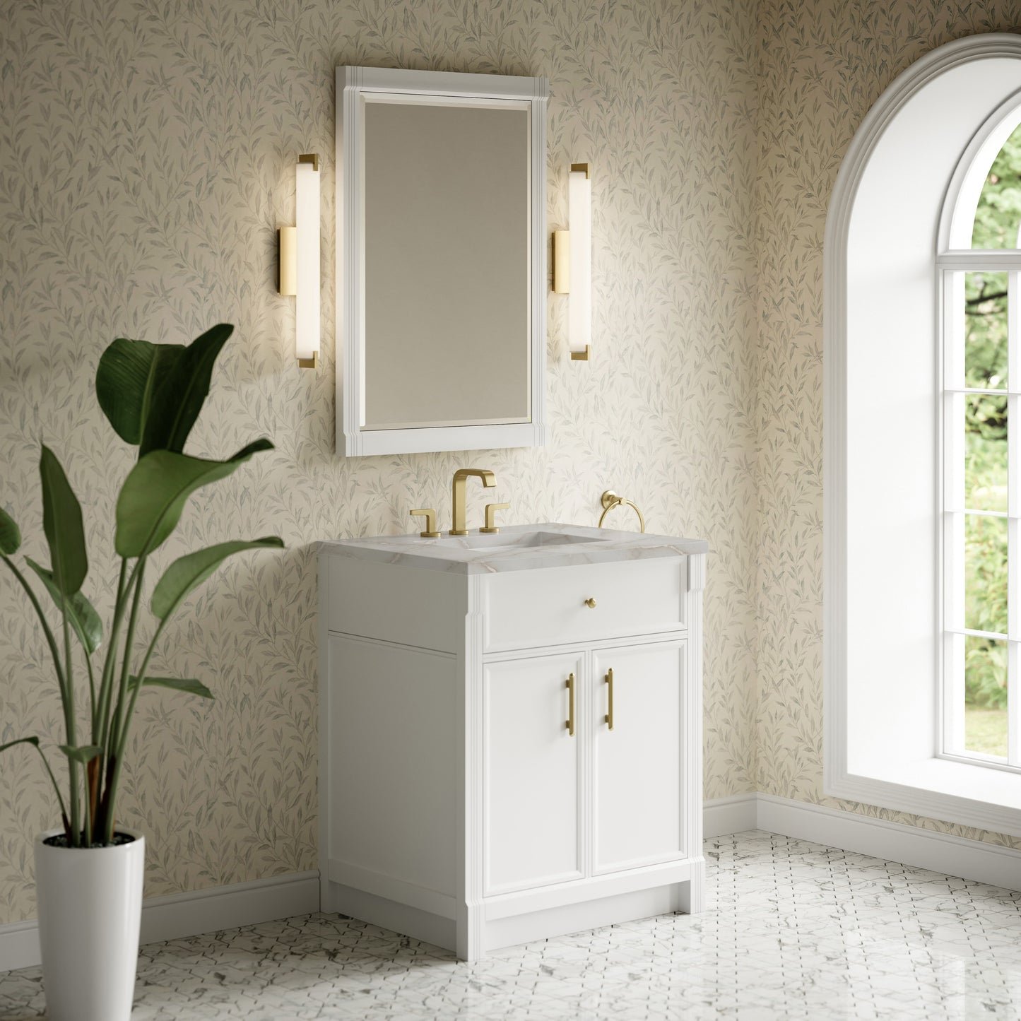 Renovate for Less Atlanta Bellshire 30" Single Vanity, Bright White w/ 3 CM Victorian Silver Silestone Top