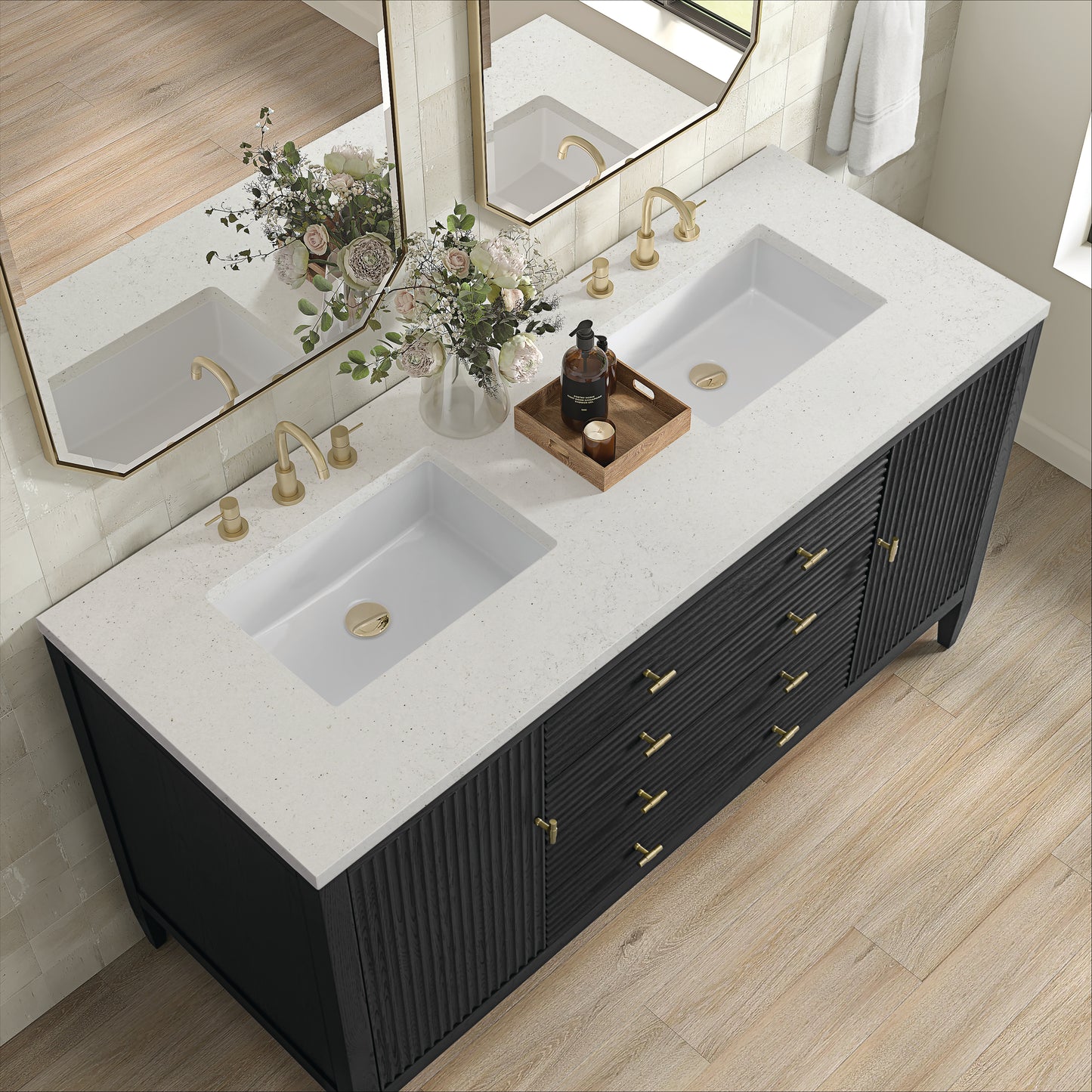 Renovate for Less Atlanta Myrrin 60" Double Vanity, Carbon Oak w/ 3 CM Lime Delight Silestone Top