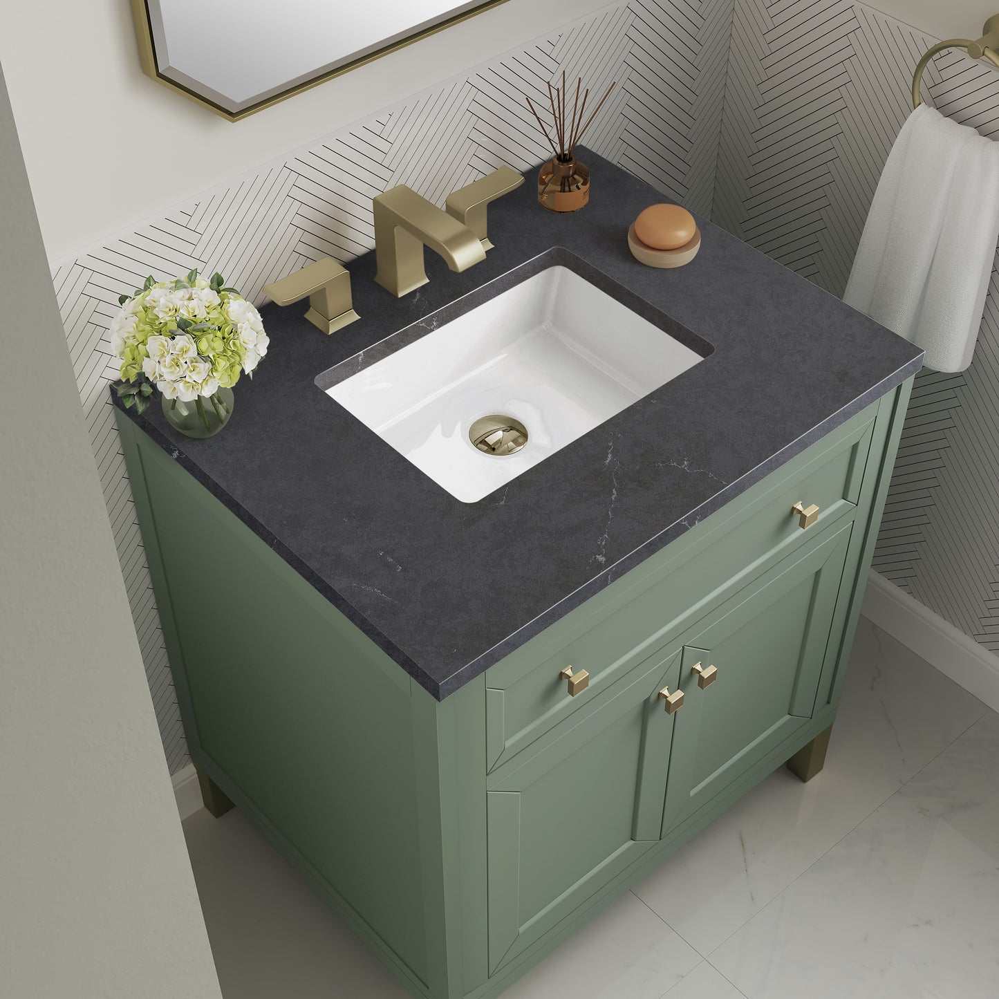Renovate for Less Atlanta Chicago 30" Single Vanity, Smokey Celadon, w/ 3 CM Charcoal Soapstone Silestone® Top