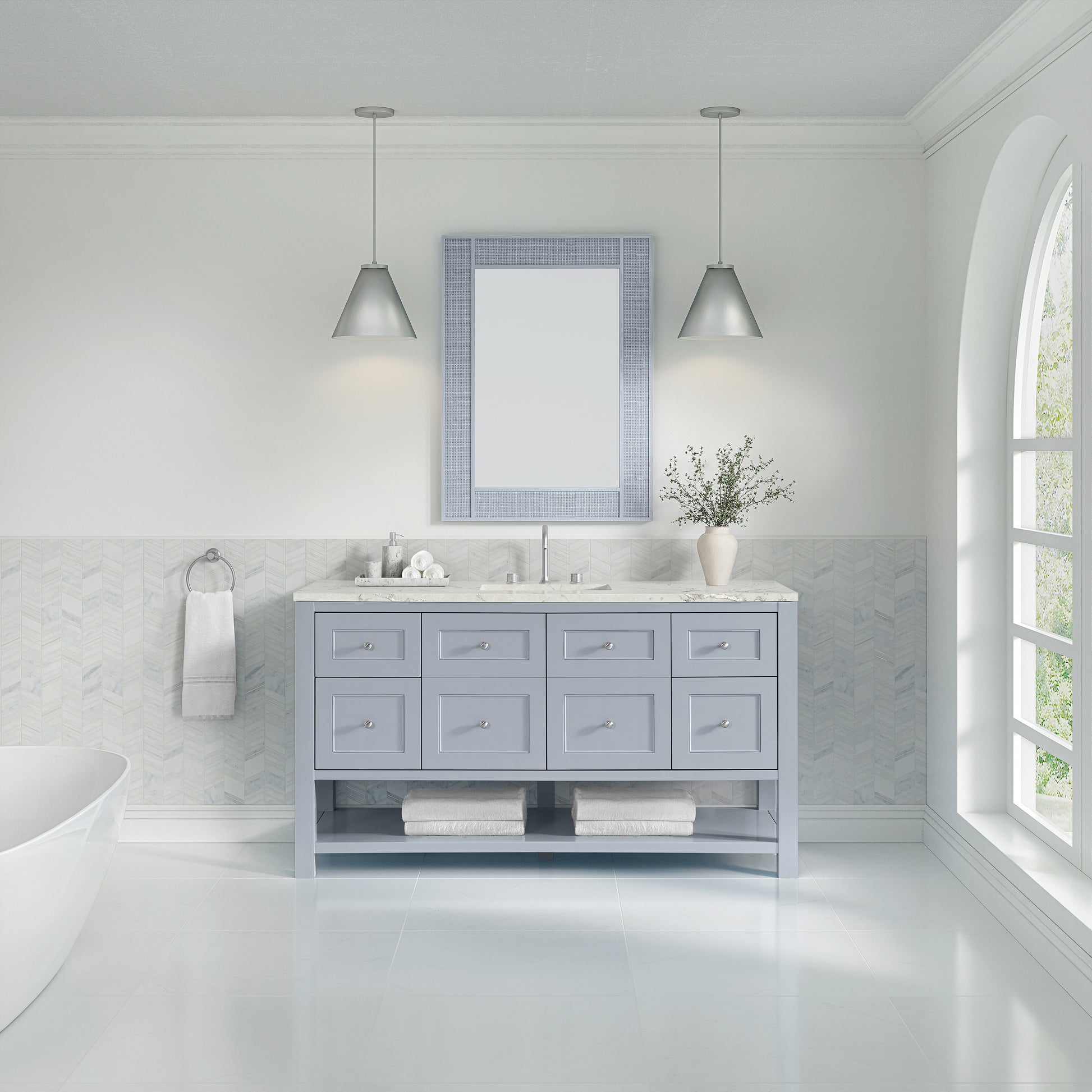Renovate for Less Atlanta Breckenridge 60" Single Vanity, Serenity Blue, w/ 3 CM Victorian Silver Silestone Top w/ FreePower Wireless Charger