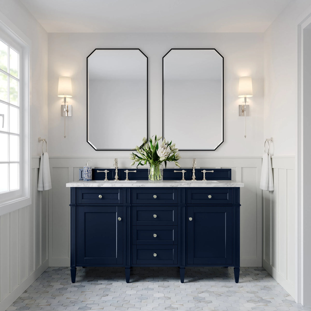 Brittany 60" Double Vanity, Victory Blue w/ 3 CM Carrara Marble Top