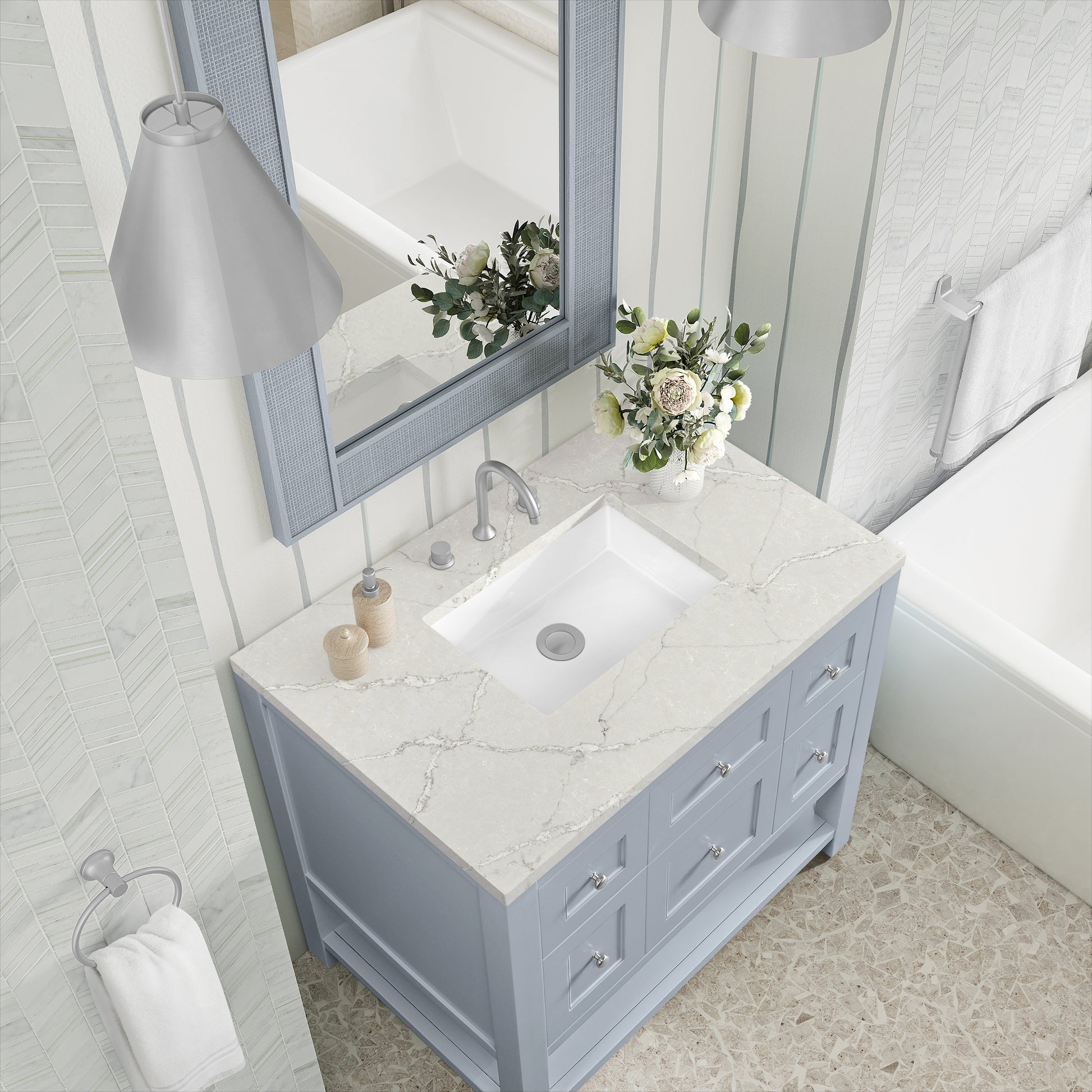 Renovate for Less Atlanta Breckenridge 36" Single Vanity, Serenity Blue, w/ 3 CM Victorian Silver Quartz Top