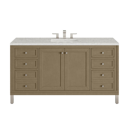 Renovate for Less Atlanta Chicago 60" Single Vanity, Walnut Whisper, w/ 3 CM Eternal Jasmine Pearl Silestone Top w/ FreePower Wireless Charger