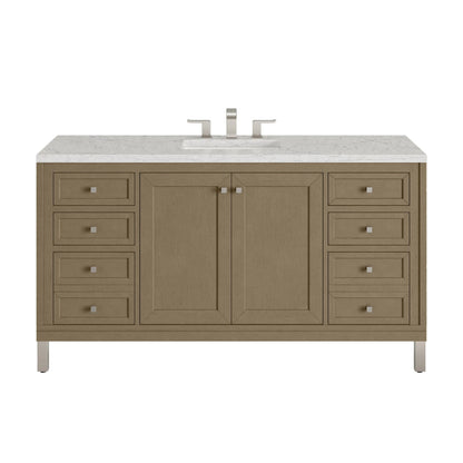 Chicago 60" Single Vanity, Walnut Whisper, w/ 3 CM Eternal Jasmine Pearl Silestone Top w/ FreePower Wireless Charger