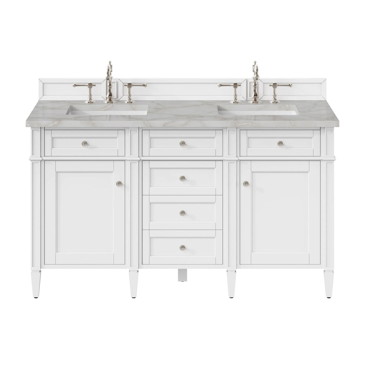 Brittany 60" Double Vanity, Bright White Vanity w/ 3 CM Victorian Silver Silestone Top