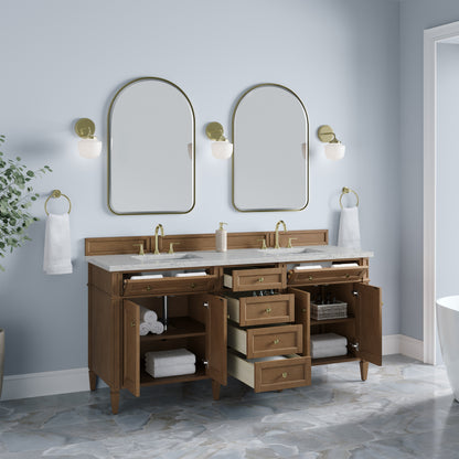 Renovate for Less Atlanta Brittany 72" Double Vanity, Pecan w/ 3 CM Eternal Jasmine Pearl Silestone Top