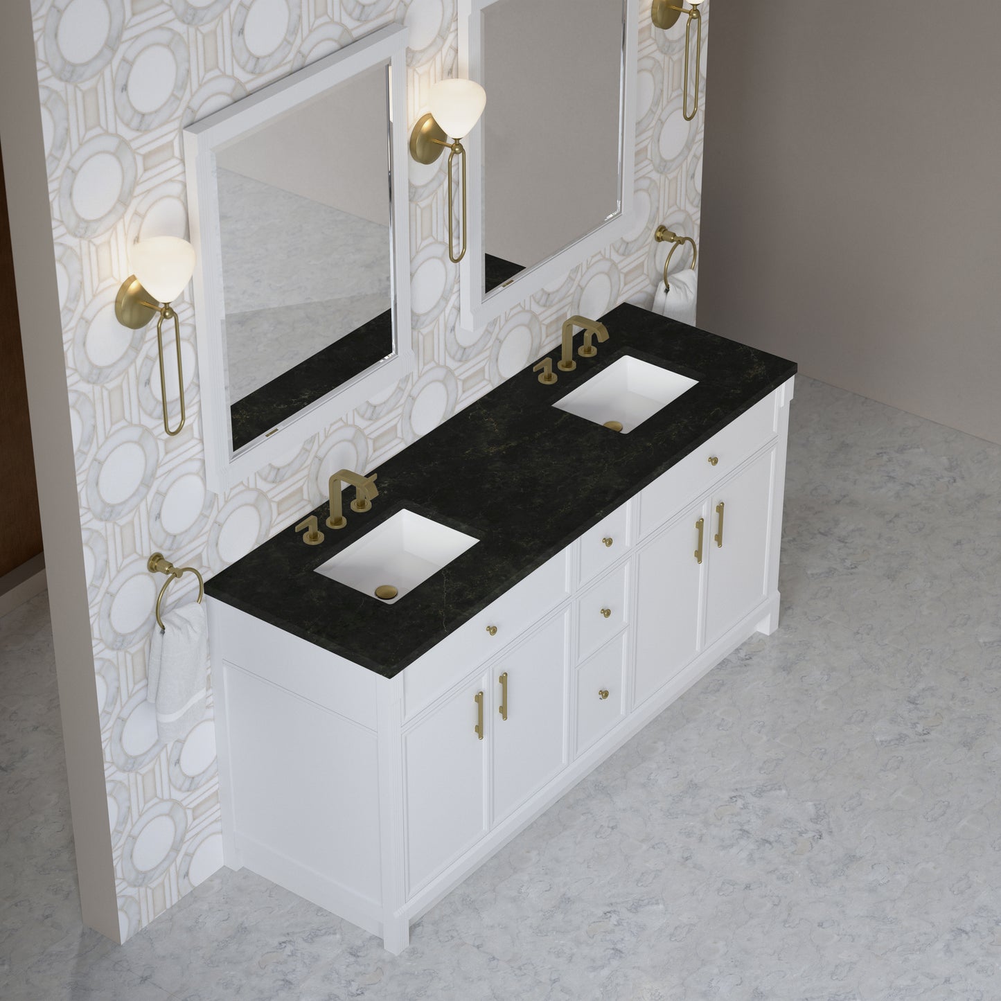 Renovate for Less Atlanta Bellshire 72" Double Vanity, Bright White w/ 3 CM Phantome Eclos Top