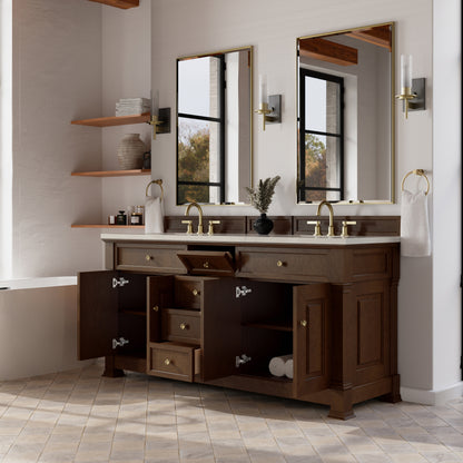 Renovate for Less Atlanta Brookfield 72" Double Vanity, Honey Oak, w/ 3 CM Siberian Silestone Top w/FreePower Wireless Charger