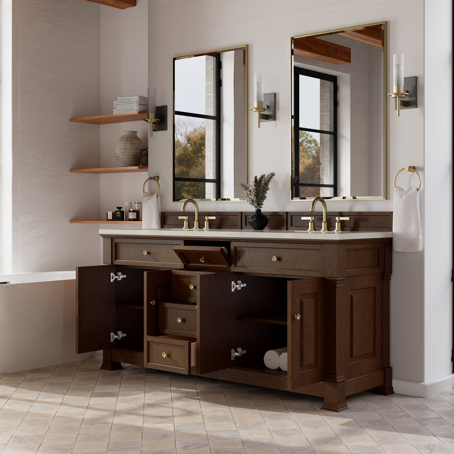 Renovate for Less Atlanta Brookfield 72" Double Vanity, Honey Oak, w/ 3 CM Siberian Silestone Top