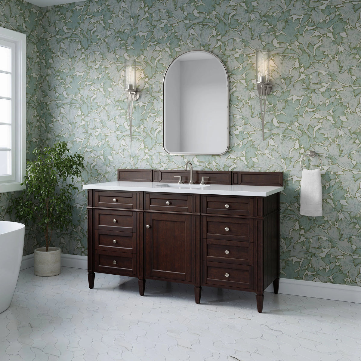 Brittany 60" Single Vanity, Burnished Mahogany w/ 3 CM White Zeus Silestone Top
