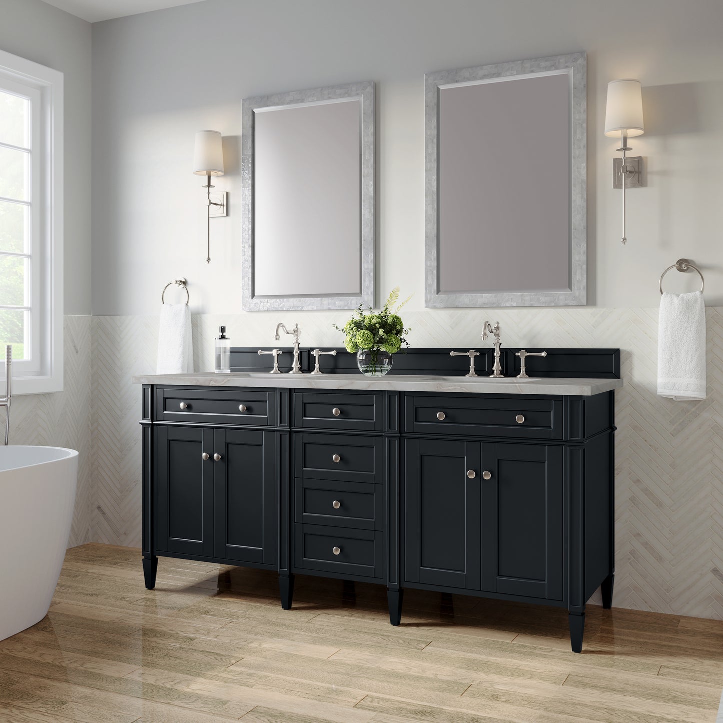 Renovate for Less Atlanta Brittany 72" Double Vanity, Black Onyx w/ 3 CM Victorian Silver Silestone Top