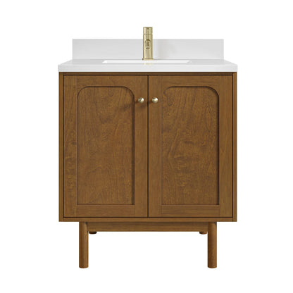 Laurent 30" Single Vanity, Honey Oak w/ Single Hole 3 CM White Zeus Silestone Top and Matching Backsplash