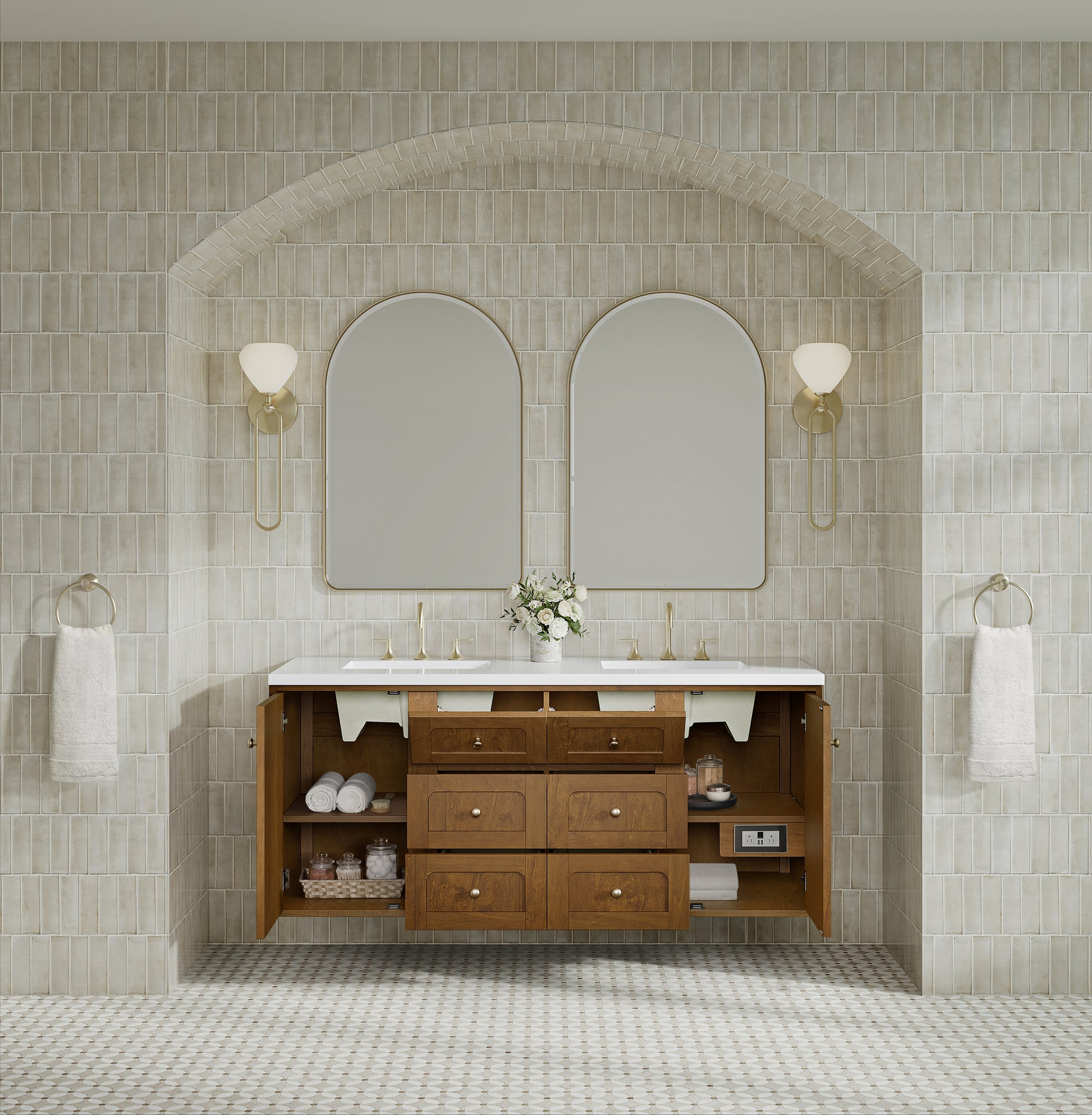 Renovate for Less Atlanta Laurent 60" Double Vanity, Honey Oak w/ 3 CM White Zeus Silestone Top
