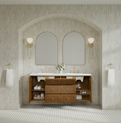 Renovate for Less Atlanta Laurent 60" Double Vanity, Honey Oak w/ 3 CM White Zeus Silestone Top