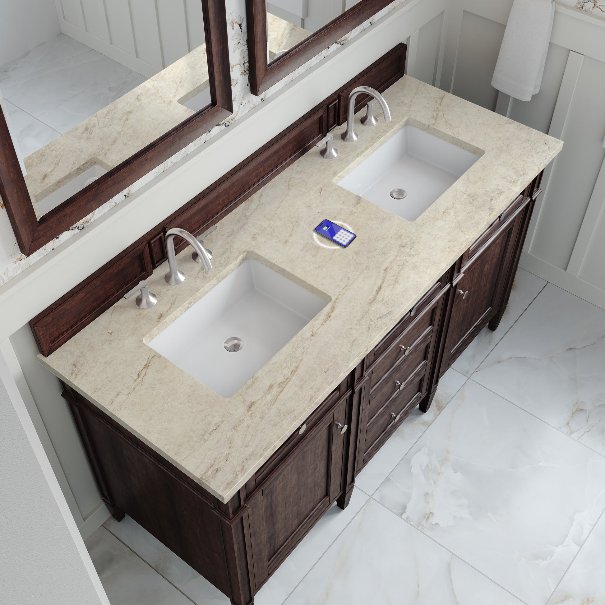Renovate for Less Atlanta Brittany 60" Double Vanity, Burnished Mahogany, w/ 3 CM Tajnar Eclos Top w/FreePower Wireless Charger