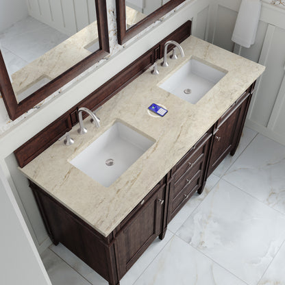 Renovate for Less Atlanta Brittany 60" Double Vanity, Burnished Mahogany, w/ 3 CM Tajnar Eclos Top w/FreePower Wireless Charger