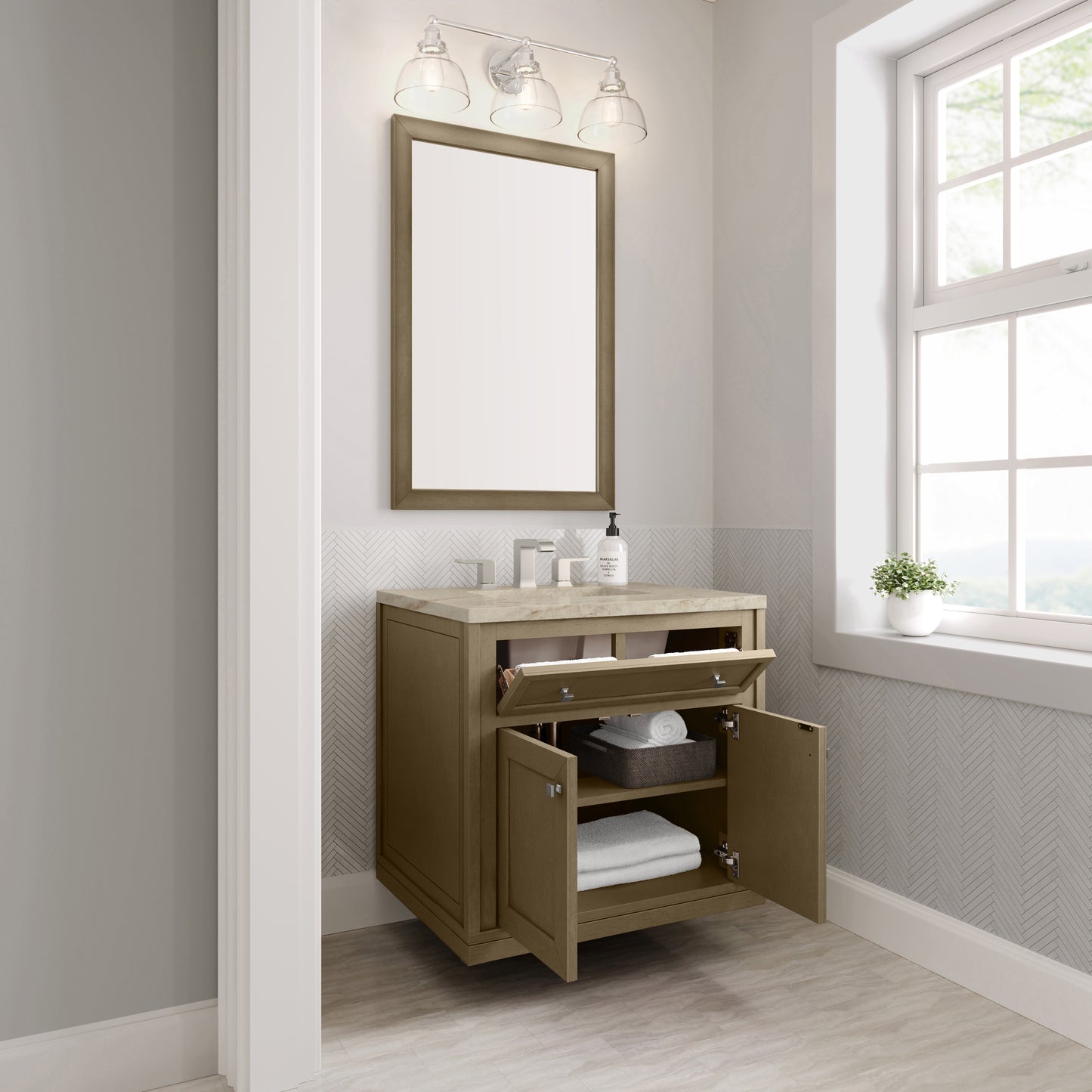 Renovate for Less Atlanta Chicago 30" Single Vanity, Walnut Whisper, w/ 3 CM Tajnar Eclos Top