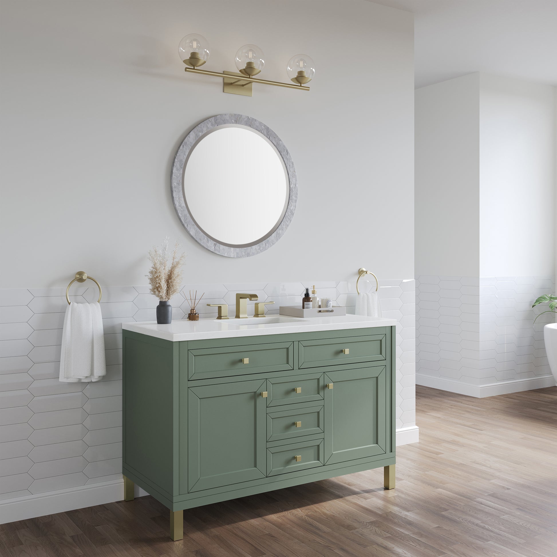 Renovate for Less Atlanta Chicago 48" Single Vanity, Smokey Celadon, w/ 3 CM White Zeus Silestone® Top
