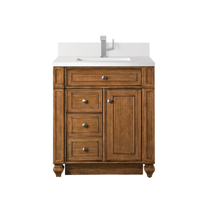 Renovate for Less Atlanta Bristol 30" Single Vanity, Saddle Brown w/ Single Hole 3 CM White Zeus Silestone Top & Backsplash