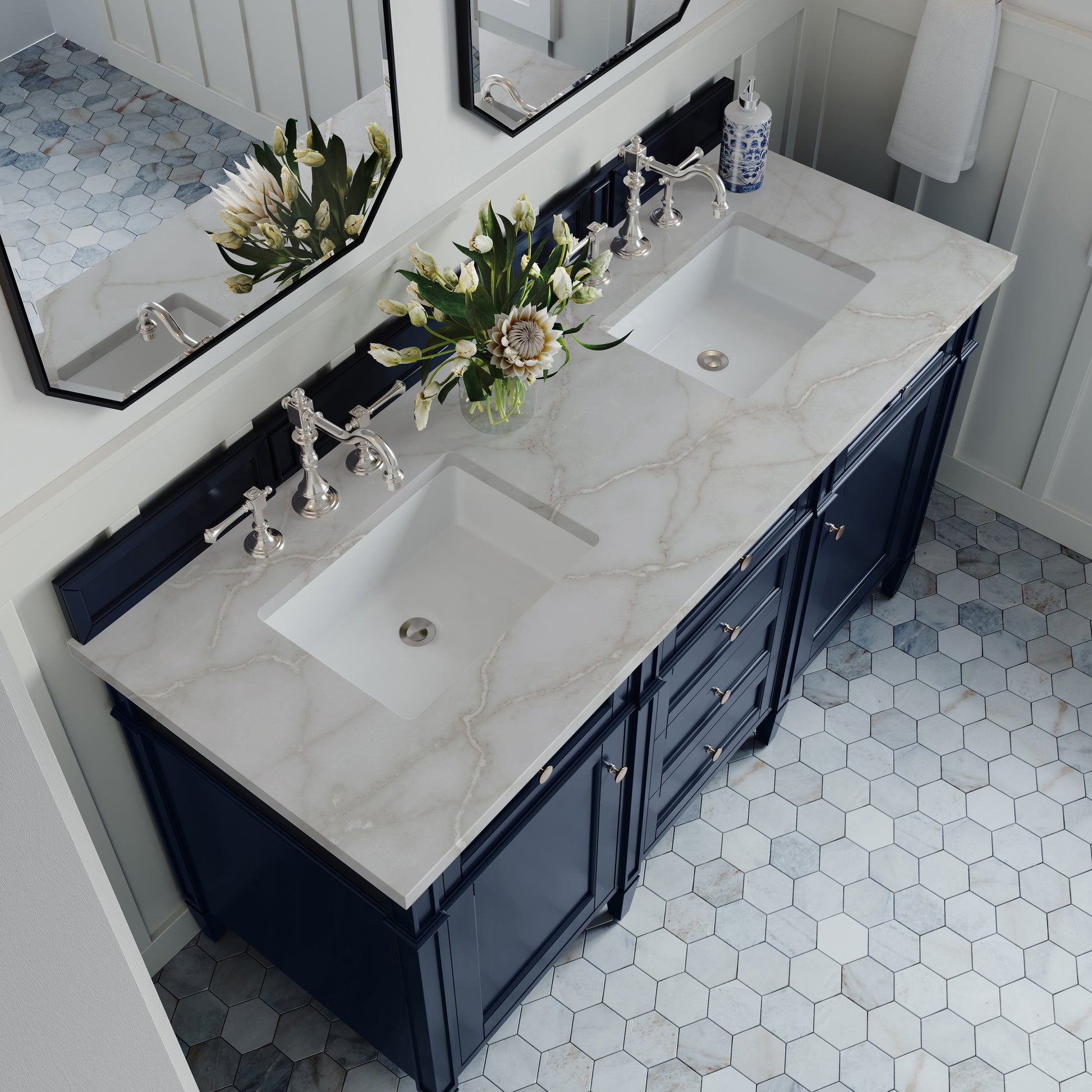 Renovate for Less Atlanta Brittany 60" Double Vanity, Victory Bleu w/ 3 CM Victorian Silver Silestone Top
