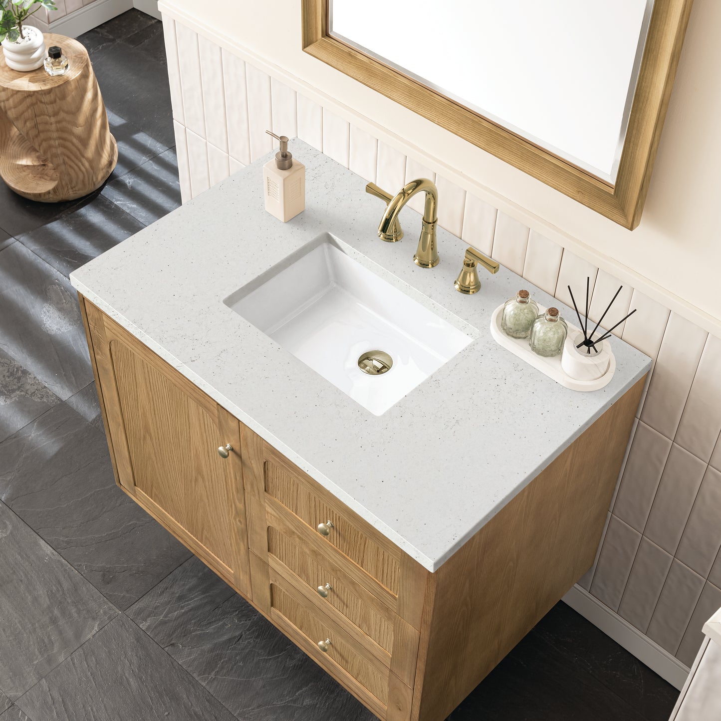 Renovate for Less Atlanta Laurent 36" Single Vanity, Light Natural Oak w/ 3 CM Lime Delight Top
