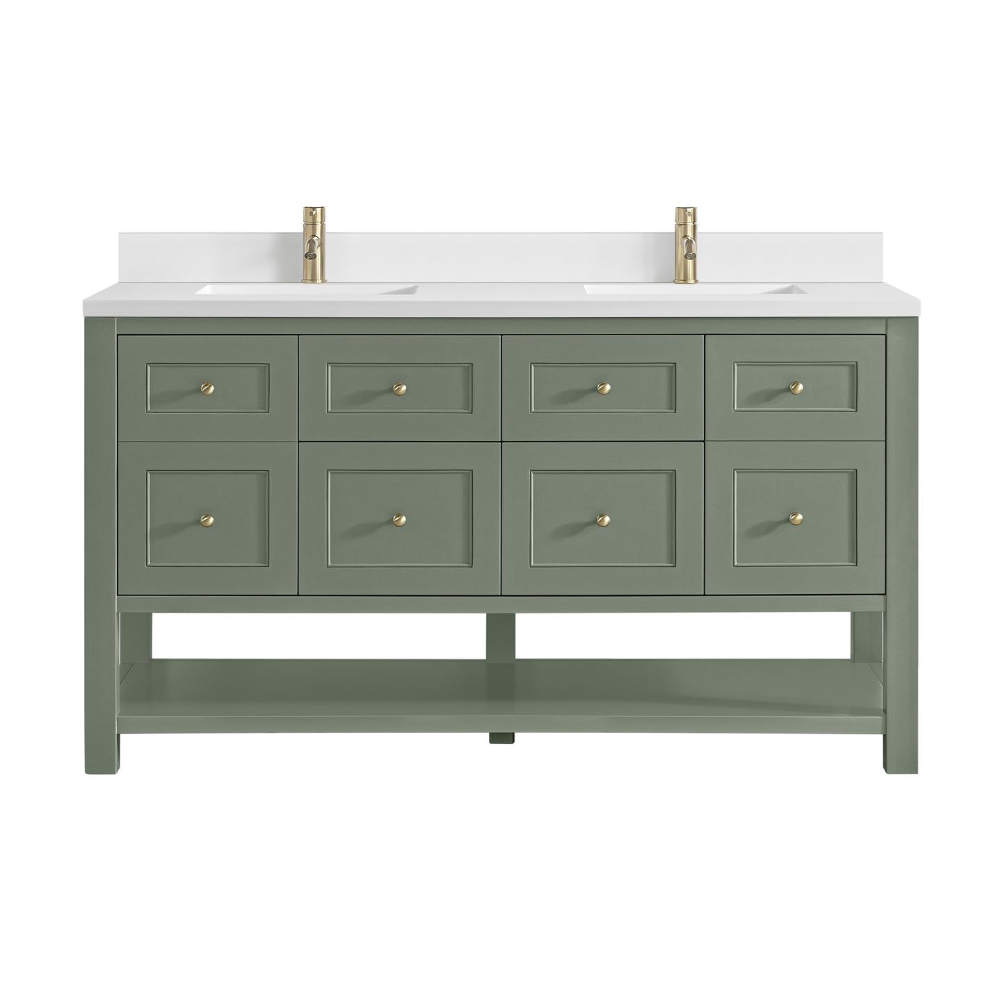 Renovate for Less Atlanta Breckenridge 60" Double Vanity, Smokey Celadon, w/ Single Hole 3 CM White Zeus Quartz Top & Backsplash