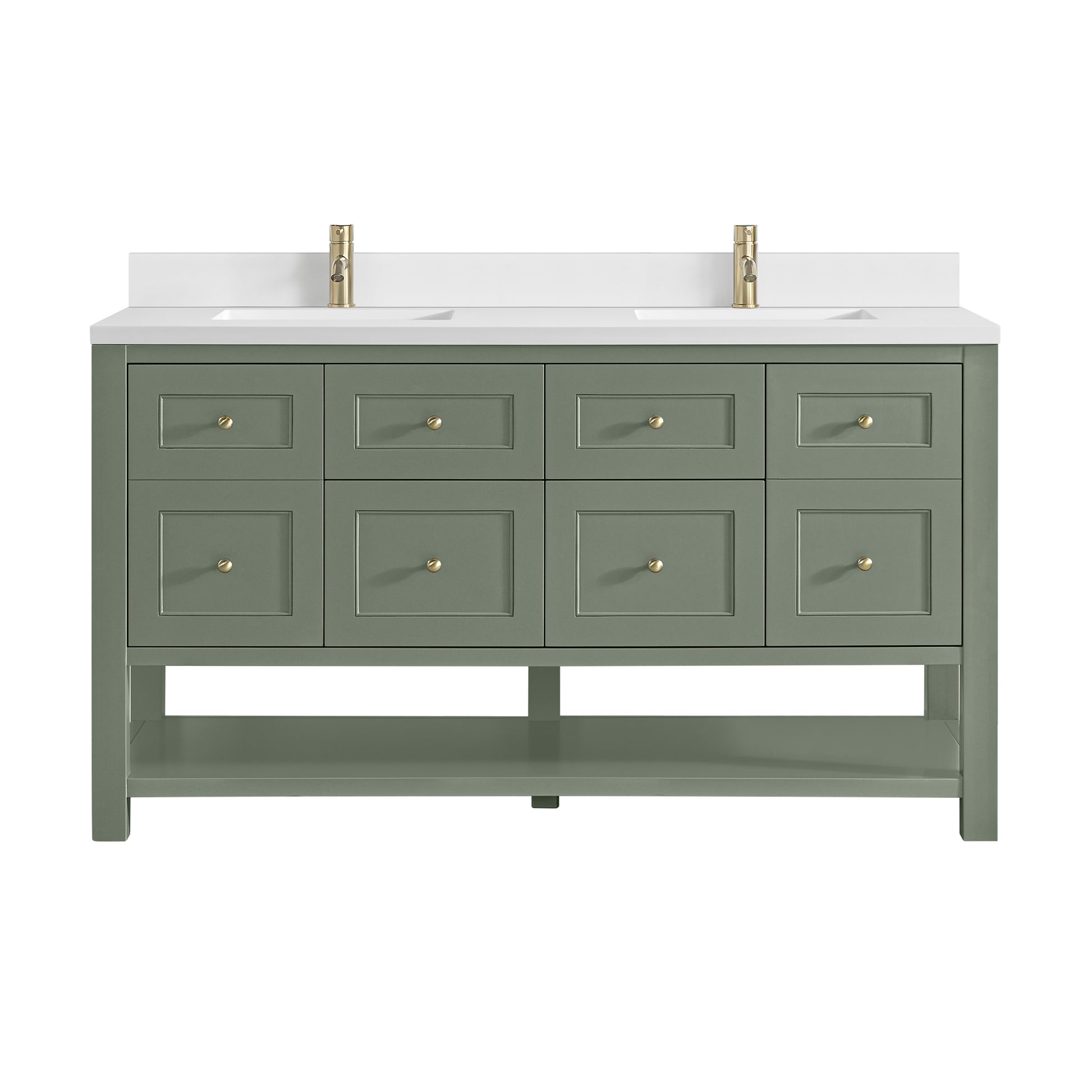 Renovate for Less Atlanta Breckenridge 60" Double Vanity, Smokey Celadon, w/ Single Hole 3 CM White Zeus Quartz Top & Backsplash