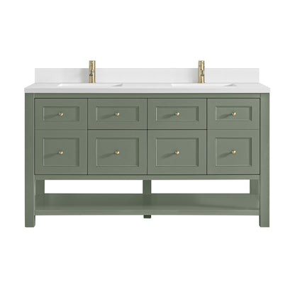 Renovate for Less Atlanta Breckenridge 60" Double Vanity, Smokey Celadon, w/ Single Hole 3 CM White Zeus Quartz Top & Backsplash