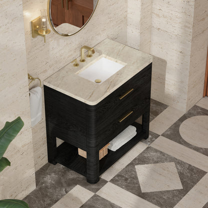 Renovate for Less Atlanta Lucian 36" Single Vanity, Carbon Oak, w/ 3 CM Tajnar Eclos Widespread Top