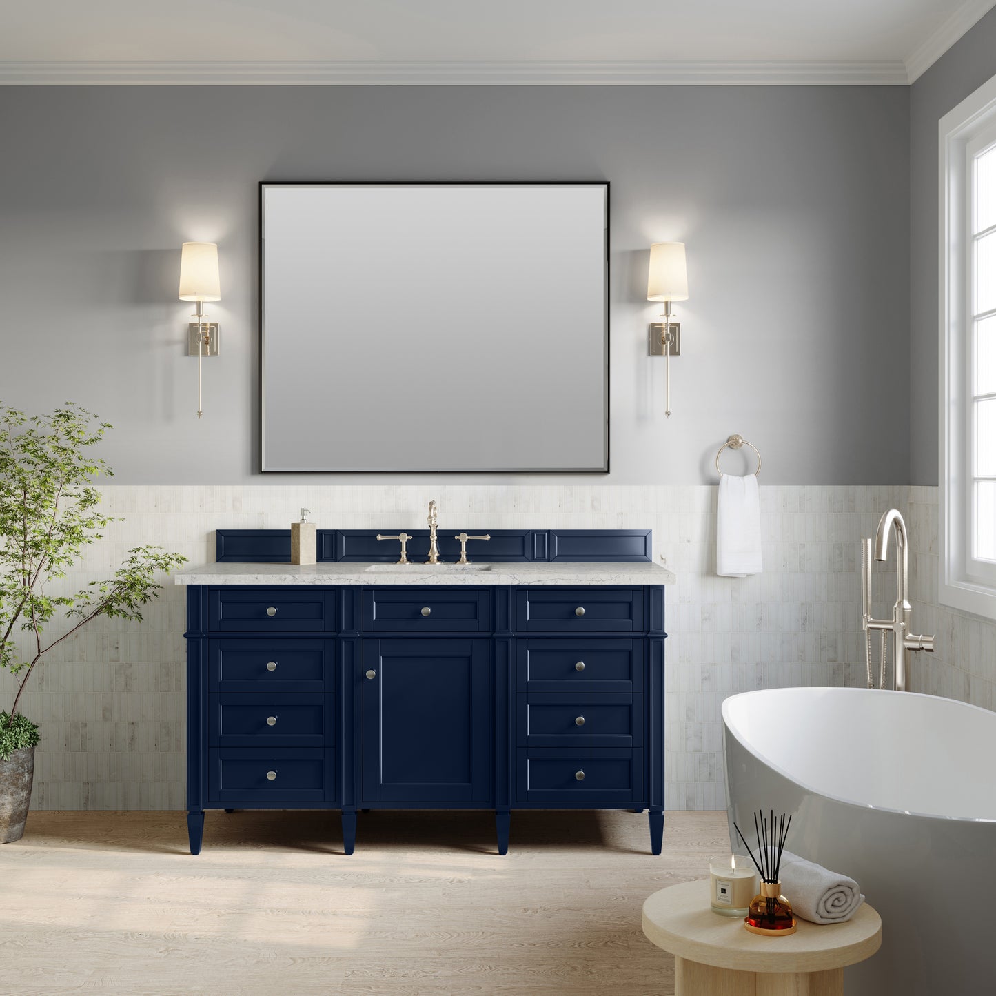 Renovate for Less Atlanta Brittany 60" Single Vanity, Victory Blue w/ 3 CM Eternal Jasmine Pearl Silestone Top