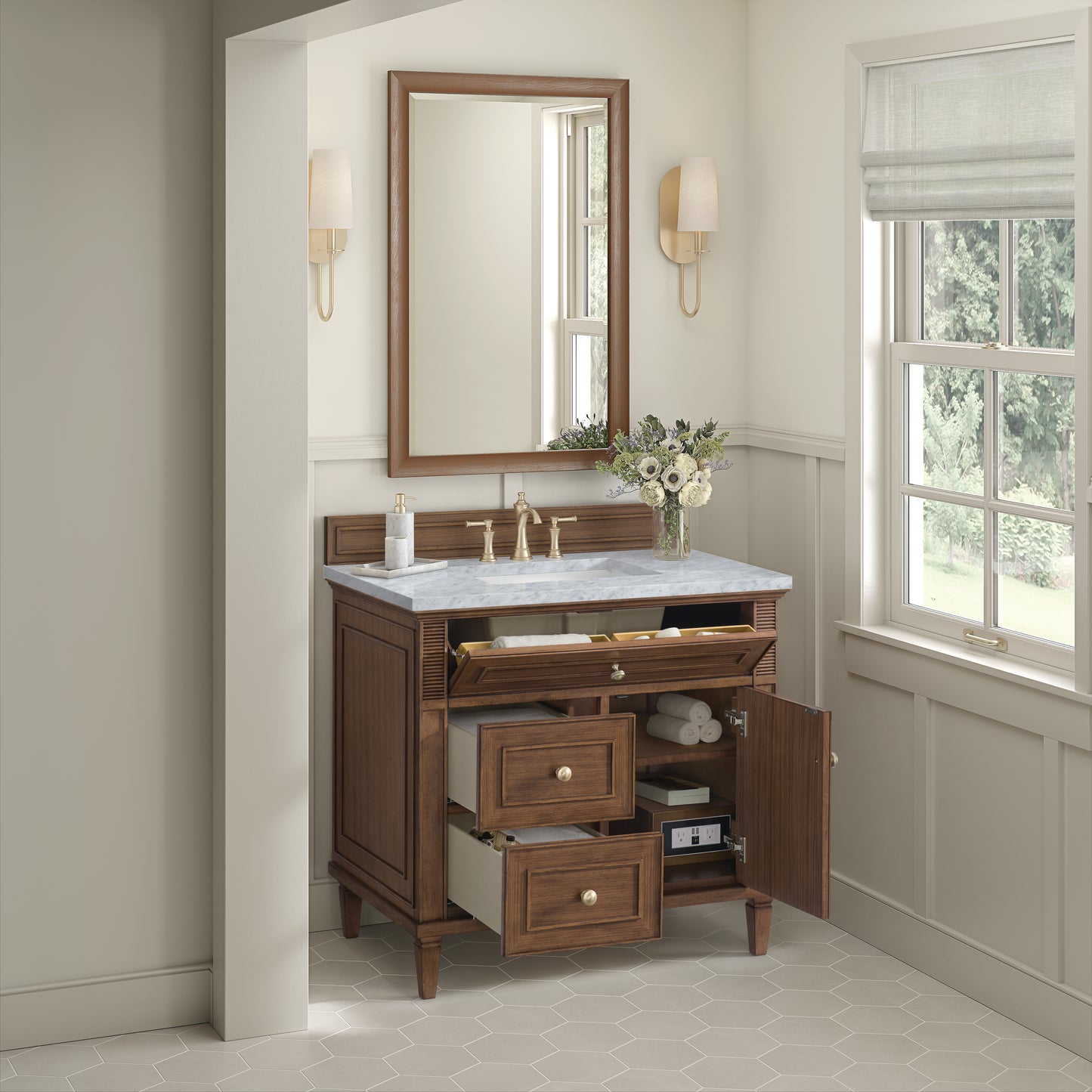 Renovate for Less Atlanta Lorelai 36" Single Vanity, Mid-Century Walnut w/ 3 CM Carrara White Marble Top