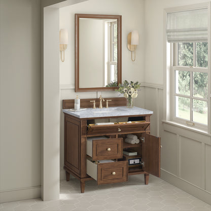 Renovate for Less Atlanta Lorelai 36" Single Vanity, Mid-Century Walnut w/ 3 CM Carrara White Marble Top