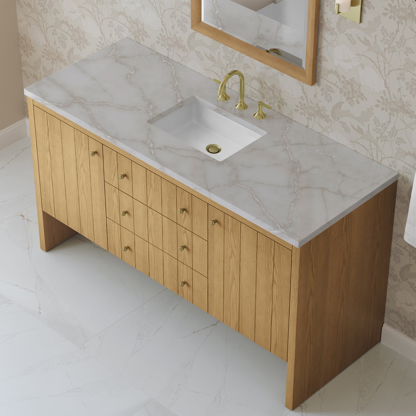 Renovate for Less Atlanta Hudson 60" Single Vanity, Light Natural Oak w/ 3 CM Victorian Silver Top