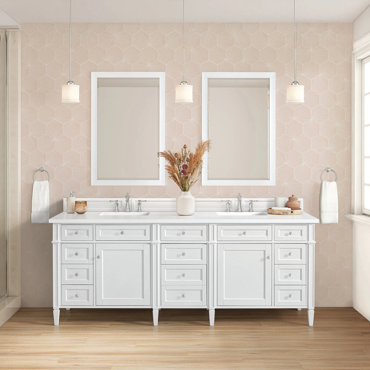 Brittany 84" Double Vanity, Bright White w/ 3 CM White Zeus Top