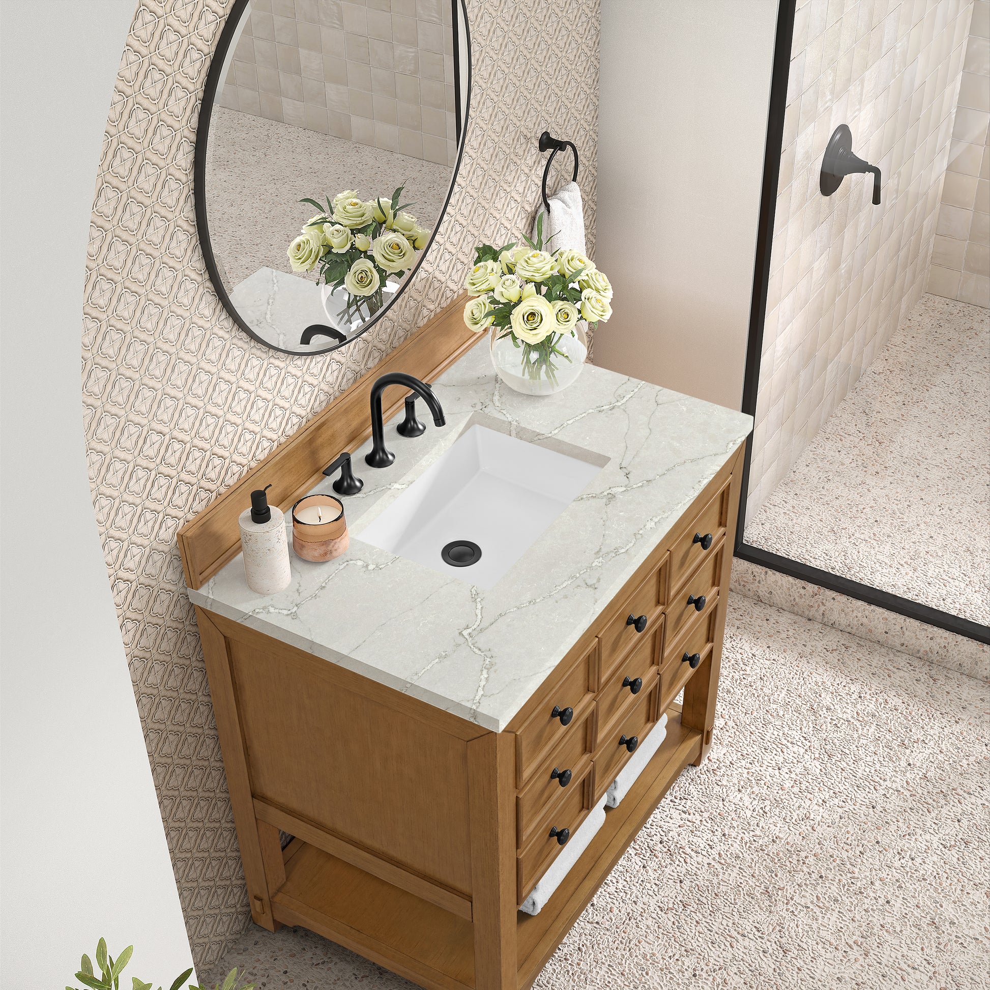 Renovate for Less Atlanta Malibu 36" Single Vanity, Amber Birch w/ 3 CM Victorian Silver Top