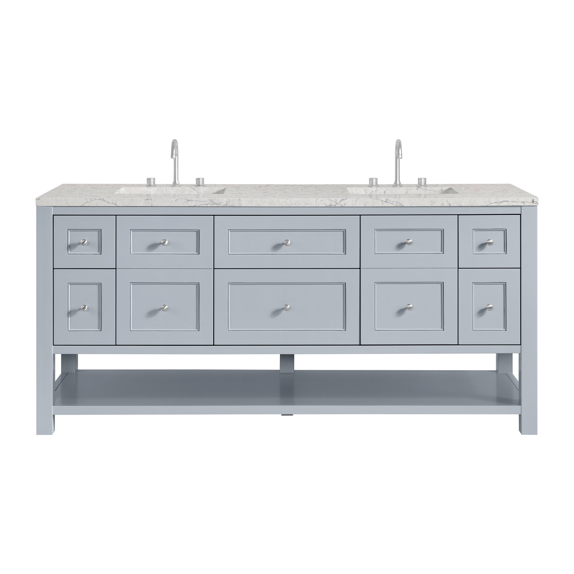 Renovate for Less Atlanta Breckenridge 72" Double Vanity, Serenity Blue, w/ 3 CM Eternal Jasmine Pearl Quartz Top w/FreePower Wireless Charger